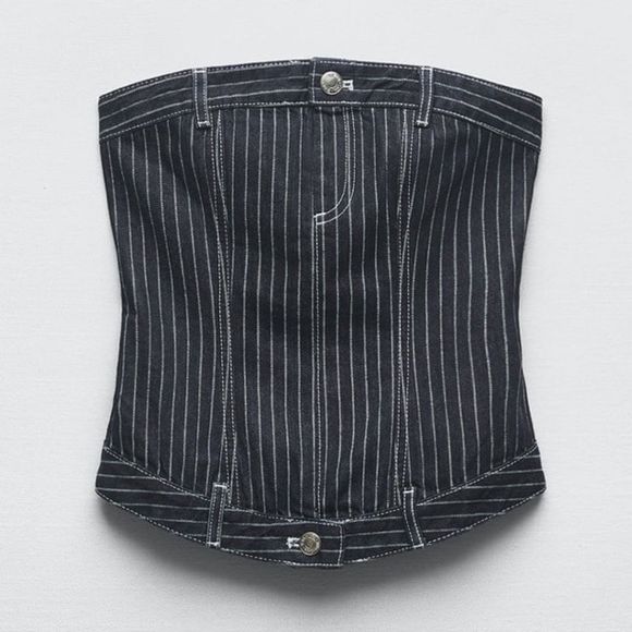ZARA NEW WOMAN OFF-SHOULDER TRF DENIM TOP WITH STRIPES MEDIUM 5252/009/133/15 - Picture 5 of 9